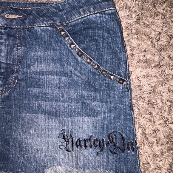 Harley-Davidson Blue Denim Frayed Hem Mini Skirt with Stud Accents - Picture 3 of 4